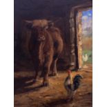 Joseph Denovan Adams, Study of highland calf and chicken in a barn, signed oil on board, 41cm x