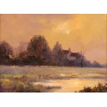 Shirley Carnt, "Late Evening Wiverton", signed oil on board, 29cm x 39cm