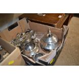 A box of silver plated ware to include a three pie