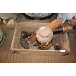 A wooden box containing a Paraffin lamp; an easel