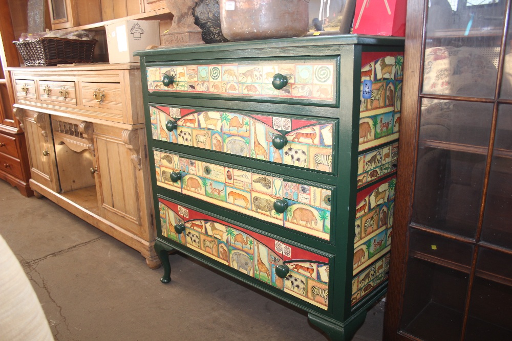 A decoupage chest fitted four long drawers