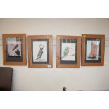 Four pine framed pictures depicting birds and a bo