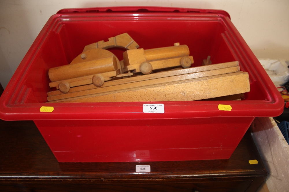 A box containing a wooden train set