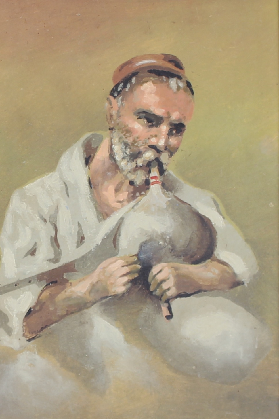 Late 19th/early 20th Century Continental school study of a seated man, playing pipes, unsigned oil