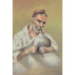 Late 19th/early 20th Century Continental school study of a seated man, playing pipes, unsigned oil