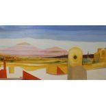 Tom Morgan, triptych depicting Mediterranean landscape, signed acrylic on canvas, panels 40cm x 75cm