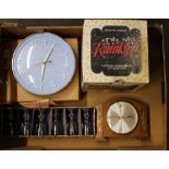 A Metamec wall clock; a mantel clock; a Rumtoft jar in original box etc.