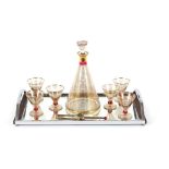 An Art Deco design chrome plated tray, and glass decanter set etc.