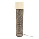 A modern design pierced metalware standard lamp and grey shade, 155cm high overall