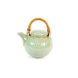 A David Leach celadon green pottery teapot, with wicker handle, stamped to base, 18cm overall, (AF)