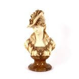 A French design classical bust, depicting a lady with plumed hat, raised on a marbleised plinth,