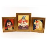 P.T. Morgan, triptych panel depicting faces of clowns, signed oil on canvas, panels 30cm x 24cm