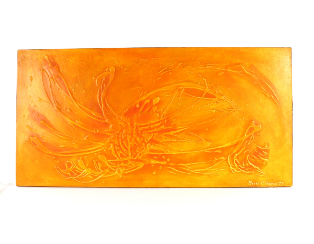 A Peter Iredale panel, painted in orange, signed a