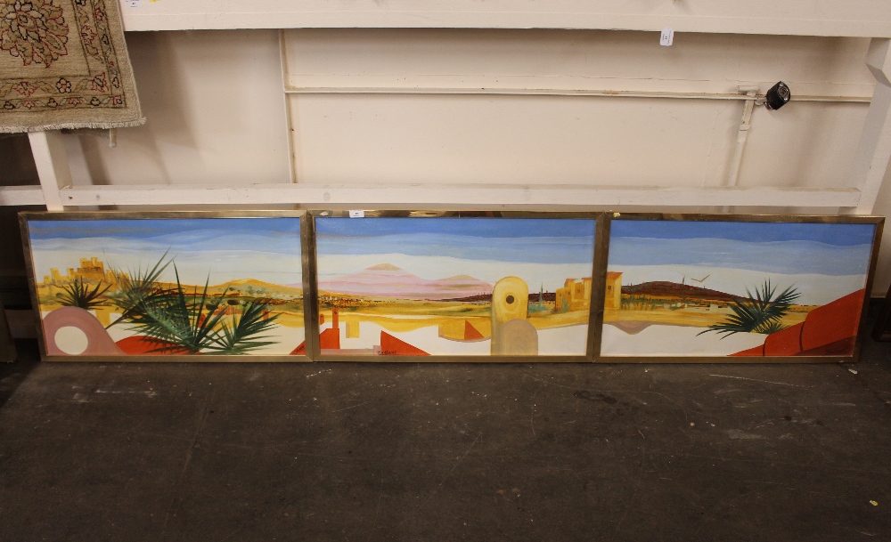 Tom Morgan, triptych depicting Mediterranean landscape, signed acrylic on canvas, panels 40cm x 75cm - Image 2 of 2