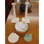 A pair of Leeds ware candlesticks, one AF; a Carlton ware ashtray; five Art Deco style side plates