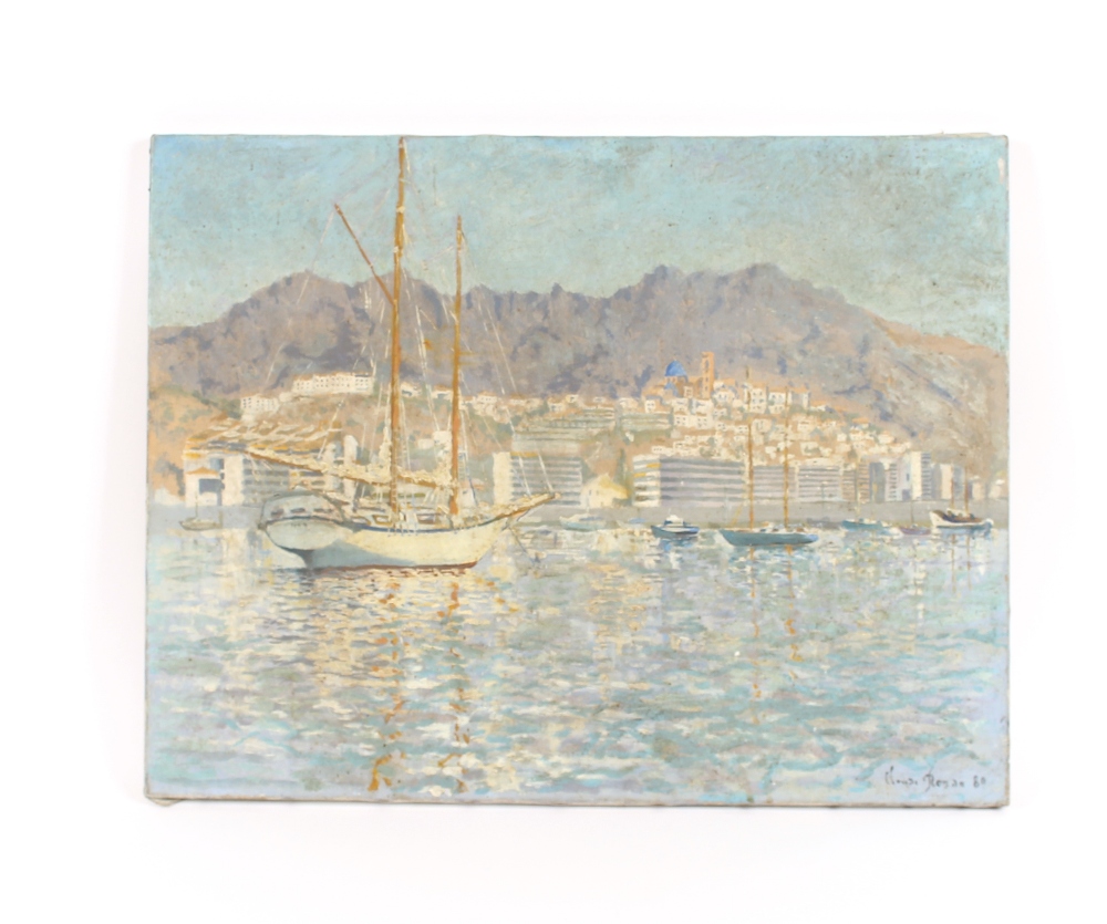 Claude Ronda, Mediterranean harbour study, signed oil on canvas, dated 80, 50cm x 65cm (unframed) - Image 2 of 3