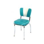 A retro chrome framed kitchen chair, upholstered in sky blue and cream leatherette