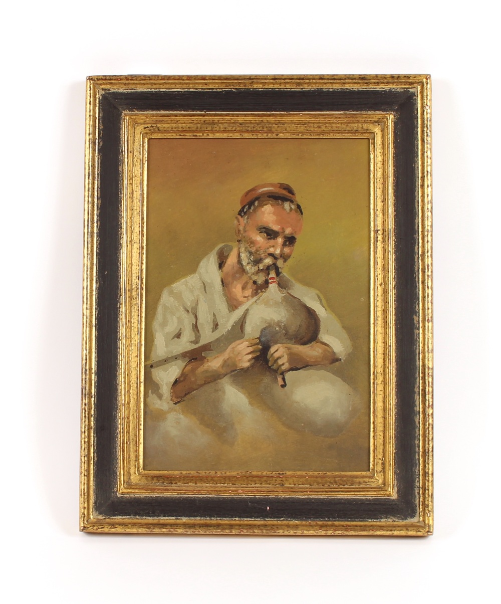 Late 19th/early 20th Century Continental school study of a seated man, playing pipes, unsigned oil - Image 2 of 2