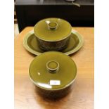 Two Hornsea Heritage ware green glazed tureens, and meat plate