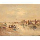 Charles Edward Cox, river scene with fishing boats