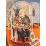 Morgan, surrealist study of a figure dressed in Union Jack and evening attire under a glass dome,