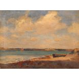John Noble Barlow, 1861-1917, river scene with boats, signed oil on canvas, 29cm x 39cm