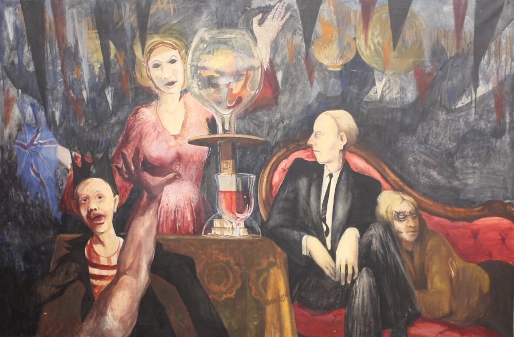 P.T. Morgan, large study entitled "Party Game", signed oil on canvas, 100cm x 152cm
