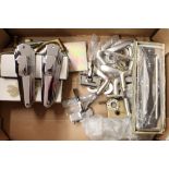 A box containing five pairs of 1960's/70's aluminium door handles, external locks and keys etc.