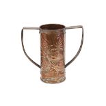 A Newlyn school style twin handled copper vase, de