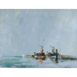 Peter Burman, study of barges on a river, signed oil on board, 35cm x 44cm