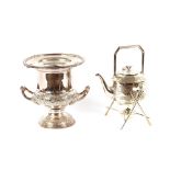 An electro plated campana shaped wine cooler; a pair of ice tongs and a plated Five O'clock tea