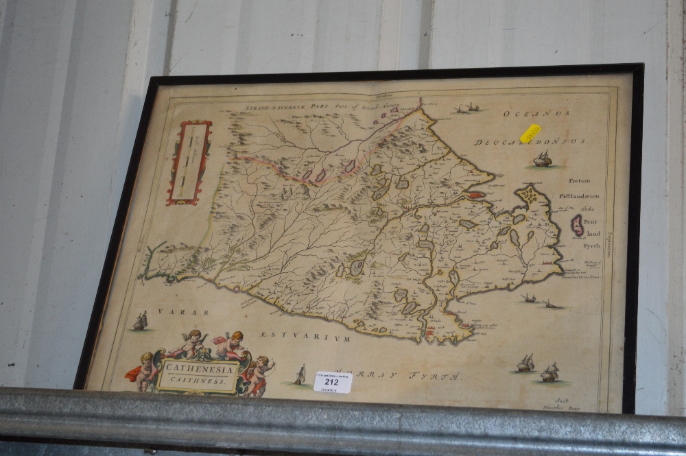 A framed and glazed coloured map of Caithness