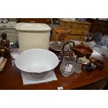 An enamel bread bin and bowl together with a kettl