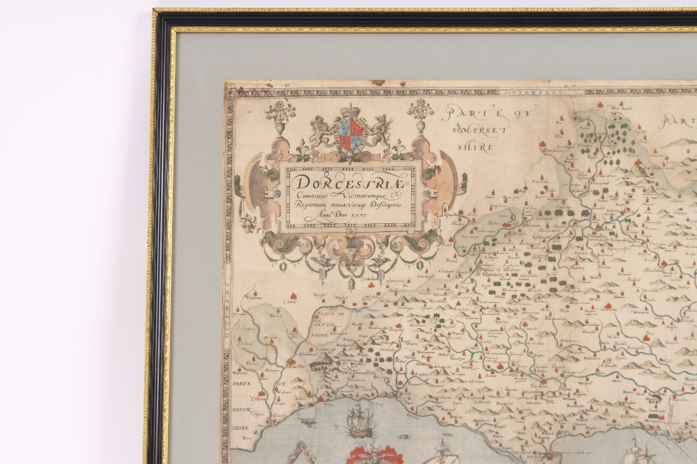 A framed and glazed coloured map of Dorset 1575 - Image 5 of 16