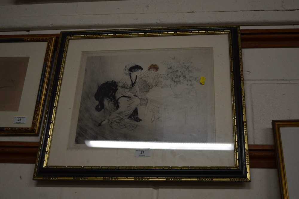 A pencil signed print depicting two ladies chattin