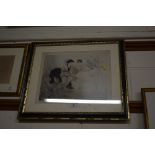 A pencil signed print depicting two ladies chattin