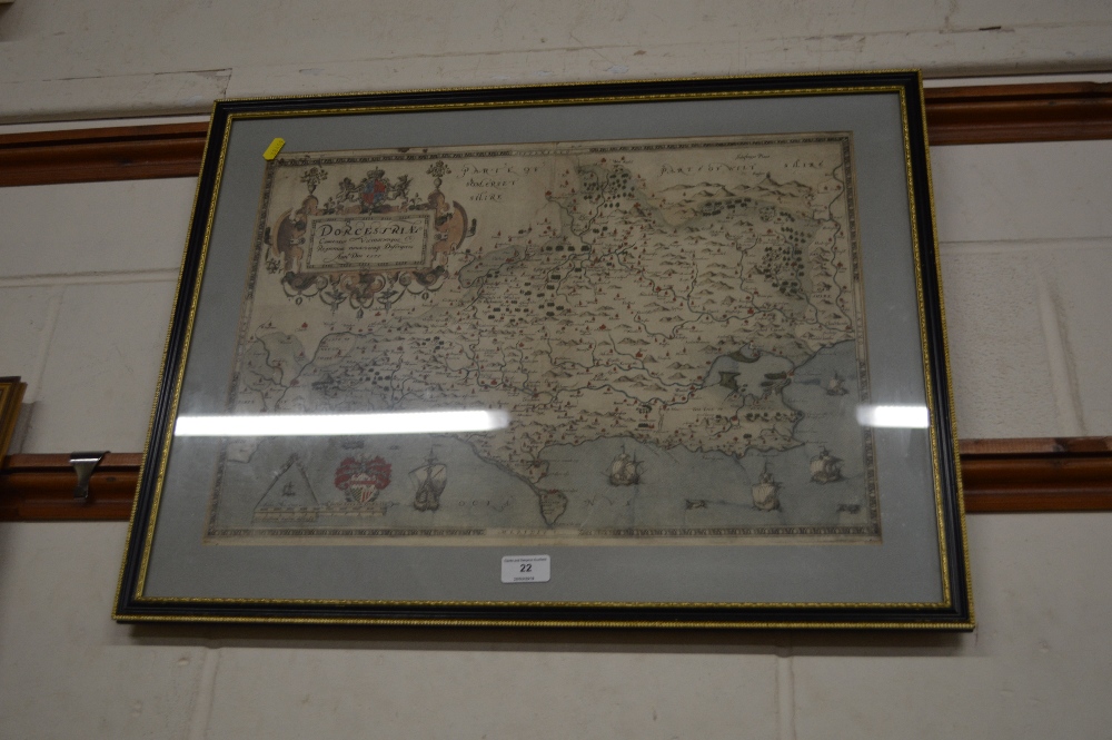 A framed and glazed coloured map of Dorset 1575