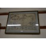 A framed and glazed coloured map of Dorset 1575