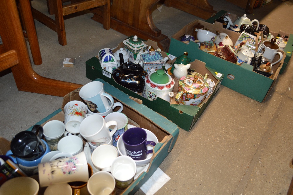 Four boxes of various china mugs and tea pots
