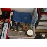 A box of various coins to include decimal coin set