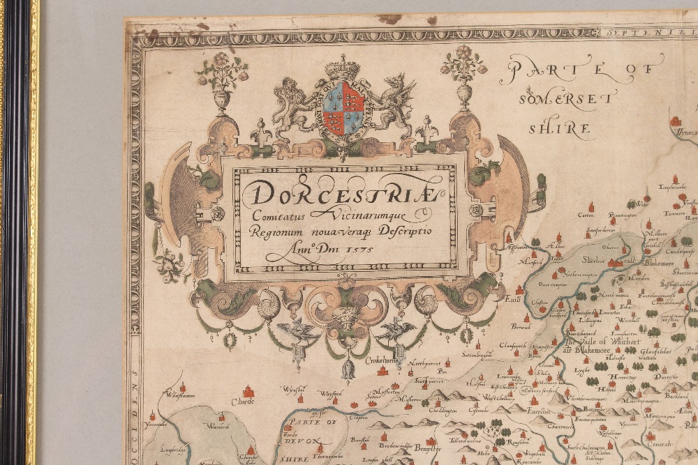 A framed and glazed coloured map of Dorset 1575 - Image 9 of 16