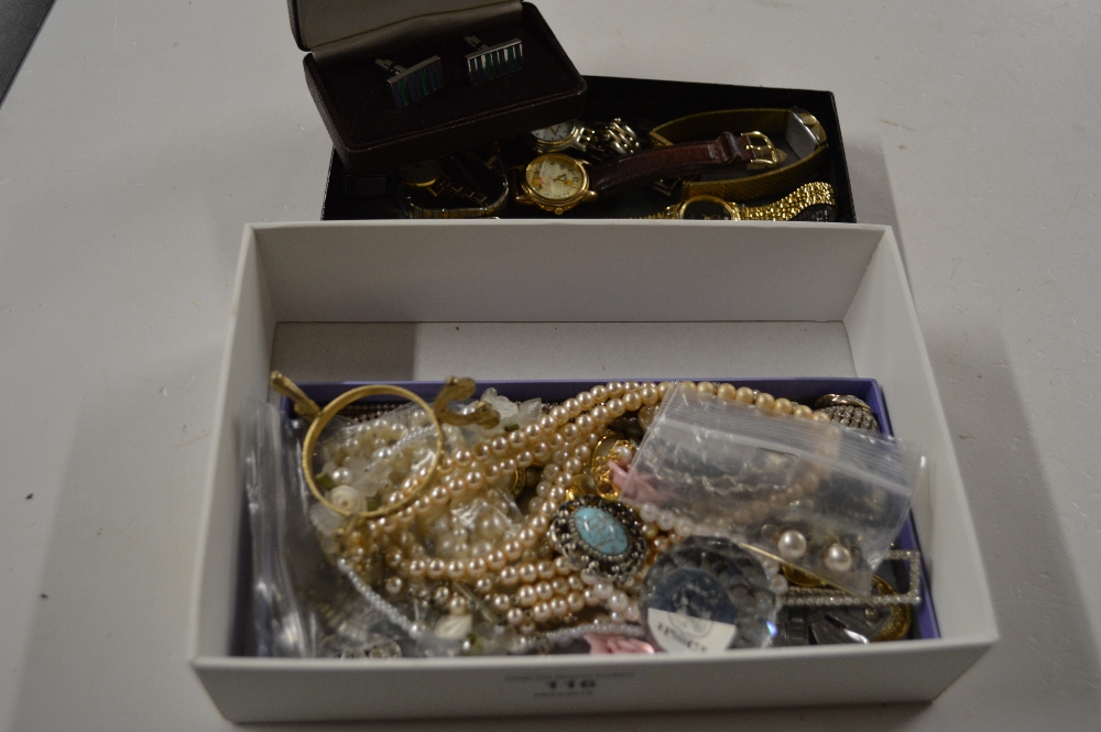 A tray of various costume jewellery and ladies wri