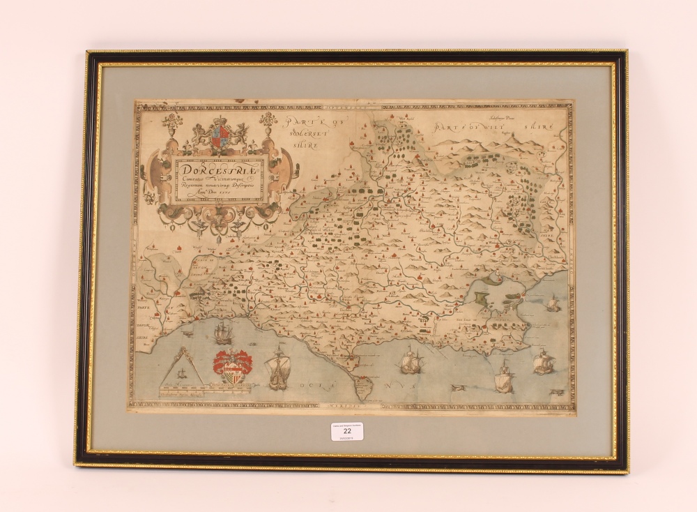 A framed and glazed coloured map of Dorset 1575 - Image 2 of 16