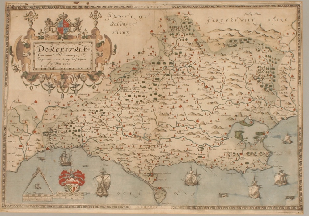 A framed and glazed coloured map of Dorset 1575 - Image 3 of 16