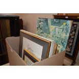 A box of pictures and prints and a small pine fram