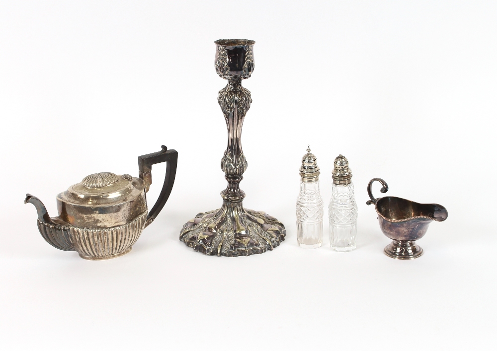 A large plated candlestick, with foliate embossed decoration; two cut glass and plate mounted