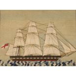 A Victorian wool work embroidery, of a three masted ship 34cm x 45cm contained in maple frame