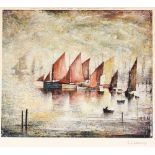 L.S. Lowry,  pencil signed coloured print depicting sailing vessels, back stamp to margin, image