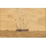 19th Century school, studies of sailing vessels, a pair, unsigned watercolours, 9.5cm x 14.5cm