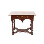 A  William and Mary walnut side table, with chequer banded cushion frieze top, single drawer below